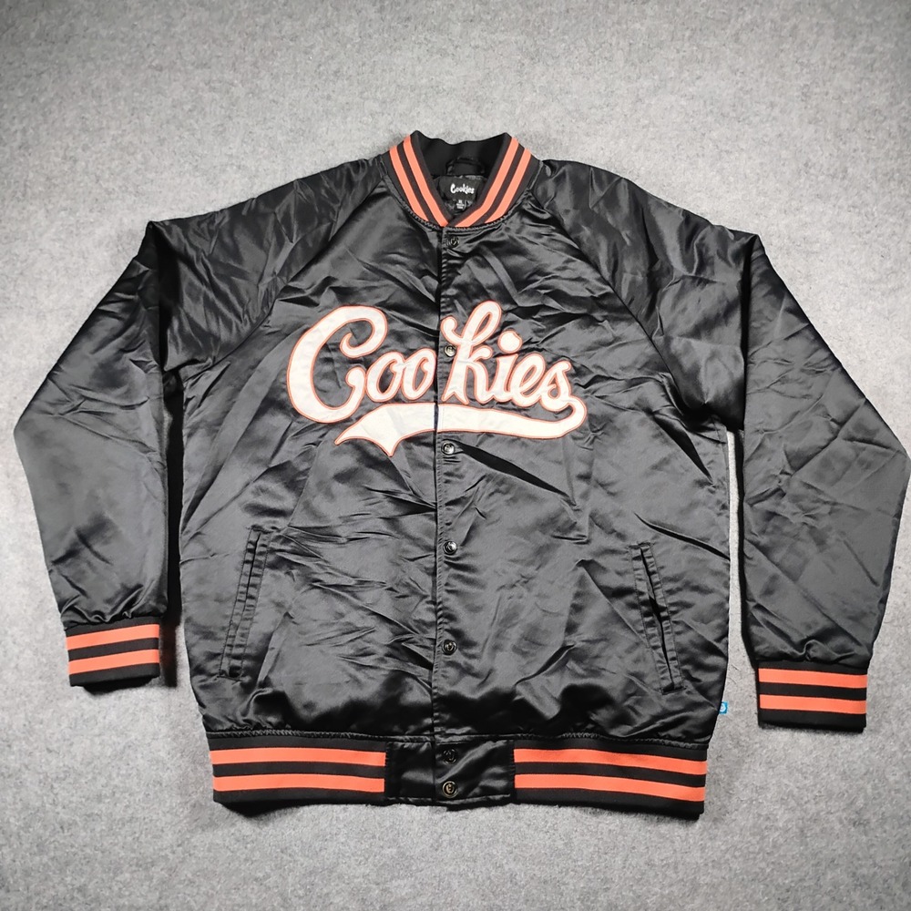 Cookies SF Varsity Jacket Men XL Black Orange Satin Snap Front Bomber Streetwear